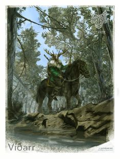 a man riding on the back of a horse through a forest