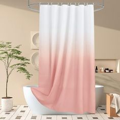 a bathroom with a pink shower curtain next to a white bath tub and potted plant