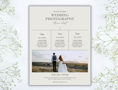 a wedding photography flyer is shown with flowers