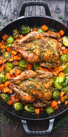 Roasted Cornish Hens with Veggies (Sweet Potatoes and Brussels Sprouts) in a cast-iron pan Cornish Hen Recipes Oven, Julias Album, Brussels Sprouts And Sweet Potatoes, Hen Recipes, Julia's Album