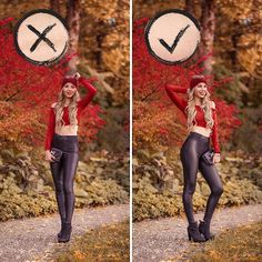 two pictures of a woman in tights and boots with a clock on her head