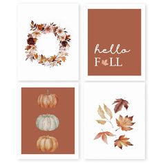 four fall cards with pumpkins, leaves and wreath on the top one is hello fall