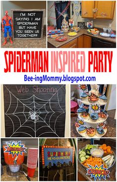 spiderman inspired party with lots of food and decorations