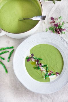 a white bowl filled with green soup and garnished with radish sprouts