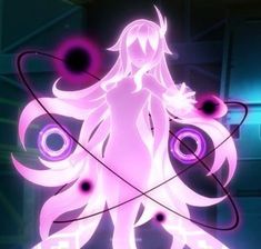 an anime character standing in front of a purple background with circles and lines around her