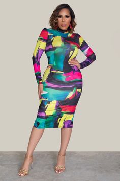 Step into sophistication with our Presley Colorblock Split Hem Back Bodycon Dress. This elegant midi dress features a striking colorblock pattern and a chic stand collar neckline. The long sleeves add a touch of refinement, while the pencil hem shape accentuates your curves. With its stylish back split detail, this dress offers both elegance and allure. Perfect for any occasion, from formal events to cocktail parties, the Presley dress is sure to make a statement wherever you go. 91% Polyester, Multicolor Midi Bodycon Dress For Party, Multicolor Midi Bodycon Party Dress, Chic Multicolor Bodycon Dress, Chic High Neck Long Sleeve Dress For Spring, Elegant Multicolor Midi Length Bodycon Dress, Elegant Multicolor Long Sleeve Bodycon Dress, Multicolor Stretch Bodycon Dress For Fall, Chic Multicolor Fitted Bodycon Dress, Fitted Multicolor Midi Dress For Fall