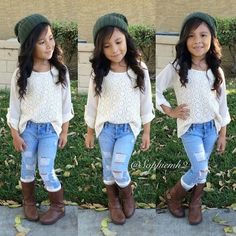 #ShareIG Casual cute fall look✨ Outfit details Top- Marshall's Jeans- Jcpenney (distressed them) Boots- Michael kors Beanie- Forever Sup Girl, Outfits For Kids, Kids Fashion Clothes, Fashion Kids