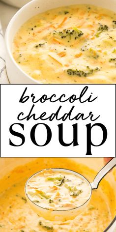 broccoli cheddar soup in a white bowl with a spoon on the side