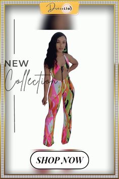 Elegant Printed Women Sleveeless Halter Hollow Out Party Clubwear Summer One Piece Wide Leg Jumpsuit Stretch Sleeveless Bodysuit For Beach Party, Summer Halter Neck Bodysuit For Club, Sleeveless Stretch Jumpsuits And Rompers, Flirty Style, Sleeveless Pink Jumpsuits And Rompers For Beach Season, Green Sleeveless Halter Top For Club, Green Sleeveless Halter Top For Party, Summer Club Bodysuit With Halter Neck, Two-piece Swimwear For Summer Parties, Summer Club Halter Neck Bodysuit