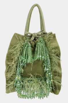 Green potli bag with tonal crystal embroidery and feather accents. - Aza Fashions Crystal Embroidery, Potli Bag, Potli Bags, Green Suede, Aza Fashion, Handbag Accessories, Bag Accessories, Embroidery, Handbags