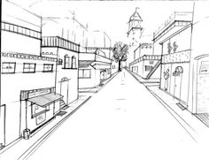 a drawing of a street with buildings on both sides and a clock tower in the distance