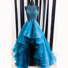 Blue Embellished Organza Evening Dress, Blue Organza Embellished Dress, Blue Embellished Organza Dress, Vestidos Country, Formal Women Dress, Dress Beading, High Low Prom Dress, Formal Women, High Low Prom Dresses