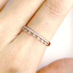 Get that look of stacking two full eternity rings with this dainty double row band featuring approx. 0.17ct of natural sparkle diamonds. Made to Order. Ships within 3-4 weeks. - Stone info: natural diamond, G-H color, SI clarity - Total ct weight: approx. 0.17ct - Made in 14 karat gold. - Stamp with 14K. Diamond Double Band Stackable Rings, Stackable Double Band Diamond Ring, Double Band Diamond Ring For Gift, Gift Diamond Double Band Ring, Diamond Double Band Stackable Rings As Gift, Double Band Diamond Stackable Rings As Gift, Eternity Rings, Full Eternity Ring, Diamond Band