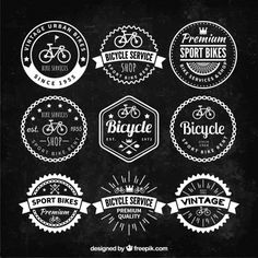 bicycle badges and emblems on blackboard with white ink, hand drawn style illustration