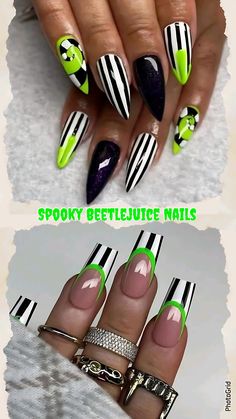 Inspiration from Spooky Beetlejuice Nails with collage created with a template from the PhotoGrid App. Get inspired for your next Halloween manicure. #photogridapp #photocollage #fashion #beetlejuice #beetlejuicenails #aesthetic #nails #acrylicnaildesigns Halloween Nails Acrylic Beetlejuice, Beetlejuice French Tip Nails, Battle Juice Nails, Halloween Nails Bettle Juice, Beetlejuice Nails Square, Betelgeuse Nails, Beetlejuice Nail Ideas, Easy Beetlejuice Nails, Beetle Juice Nails Acrylic