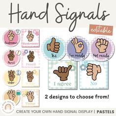 the hand signals stickers are shown in different colors and sizes, including two designs to choose from