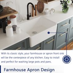 a kitchen sink with the words farmhouse apron design above it and instructions for how to install