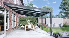 an outdoor dining area with table and chairs under a pergolated awning over the patio