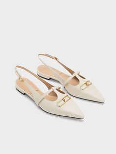 Chalk Gabine Leather T-Bar Slingback Flats - CHARLES & KEITH US Elegant White Shoes, Charles And Keith Shoes, Slingback Flats, Charles Keith, White Shoes, Chalk, Shoes Flats, Genuine Leather, Bar