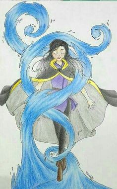 a drawing of a woman with long blue hair and flowing water around her body, holding an umbrella