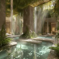 an indoor swimming pool surrounded by greenery