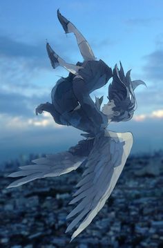 an animated bird flying in the air with cityscape in the backgroud