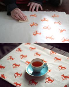 two pictures with tea cups and napkins on them, one has an orange fox design