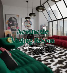 the apartment living room is decorated in green and red