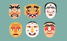 six masks with different facial expressions