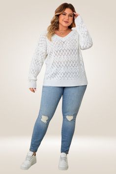 Elevate your style with our white knitted plus size sweater. Crafted from premium acrylic, it provides a cozy fit and a timeless v-neck neckline for effortless elegance. Ideal for the fall/winter months. Knitting Detail Athletic Trim Long Sleeve White Soft Knit V-neck Sweater For Layering, Winter White V-neck Sweater For Layering, Pointelle Knit V-neck Sweater For Layering, Winter V-neck Sweater For Layering With Open Knit, Winter Open Knit V-neck Sweater For Layering, White Knit V-neck Sweater For Layering, White Soft Knit V-neck Sweater, White V-neck Soft Knit Sweater, Plus Size Sweater