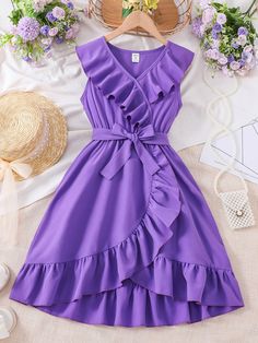 Plain Fabric Dress Designs, Graduation Dress For Kids, Cute Purple Dresses, Simple Purple Dress, Casual Purple Dress, Simple A Line Dress, Purple Dress Outfit, Cute Purple Dress, Purple Dress Outfits