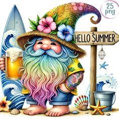 a painting of a gnome holding a beer next to a sign that says hello summer