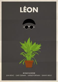 a movie poster for leon with a potted plant in the foreground and a man's hat on top