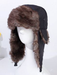 Unisex Winter Plush Earflap Hat Outdoor Warm Trapper Hat Black Casual   Fabric     Men Accessories, size features are:Bust: ,Length: ,Sleeve Length: Trapper Hat Drawing, Ear Muffs Aesthetic, Weird Hats, Russian Scarf, Pilot Hat, Masculine Clothing, Midwest Emo, Brown Y2k, Hat Aesthetic