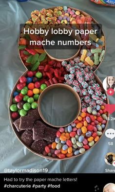 a cake made to look like the number eight with candy and candies on it