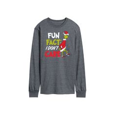 Keep the Grinch spirit alive with this funny Dr. Seuss Grinch Fun Fact long sleeve graphic tee. Keep the Grinch spirit alive with this funny Dr. Seuss Grinch Fun Fact long sleeve graphic tee. Crewneck Long sleevesFABRIC & CARE Cotton, polyester Machine wash Imported Color: Dark Grey. Gender: male. Age Group: adult. Thats It Im Not Going Grinch Shirt, Resting Grinch Face Long Sleeve Shirt, Dr Seuss Grinch, Long Sleeve Graphic Tee, The Grinch, Buy One Get One, Fun Fact, Dr Seuss, Long Sleeve Tee