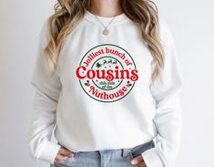 "Jolliest Bunch Of Cousins Sweater, Cousin Christmas Sweatshirt, Family Christmas Sweater, Matching Family Sweatshirt, Cousin Crew Sweatshirt We design each of our Sweatshirts/Hoodies and ship them to you with our uttermost love & passion!  How to order : 1-) Please, Check and Review all Photos. 2-) Select Your Sweatshirt/Hoodie Size and Model From the \"Size\" Menu. 3-) Select Your Sweatshirt/Hoodie Color from \"Primary Color\" Menu.) 4-) Select the quantity as much as you want. 5-) Click add to cart. You can go back to add more product color for your family members anytime you want, or you can complete the checkout process. 6-) Please click the \"Proceed to Check Out\" button 7-) Finally, your products will be ready to ship 1-3 Business Days Please do not hesitate to contact me. I'm read Matching Christmas Sweaters, Family Christmas Sweaters, Vintage Christmas Shirt, Christmas Shirts For Women, Sweat Vintage, Funny Christmas Sweater, Family Sweater, Christmas Sweaters For Women, Holiday Apparel