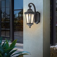 an outdoor wall light on the side of a building with plants in front of it