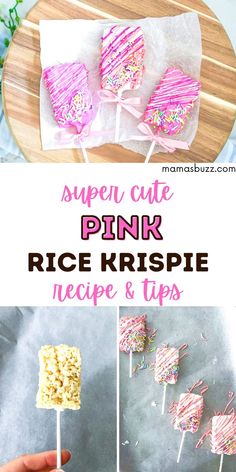 barbie treats Barbie Inspired Party, Dipped Rice Krispie Treats, Chocolate Dipped Rice Krispie Treats, Kids Birthday Food, Rice Krispie Treats Recipe, Sweet Birthday Cake, Homemade Rice Krispies Treats, Pink Rice, Pink Treats