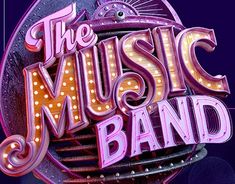 the music band logo is shown in pink and purple colors with lights on it's sides