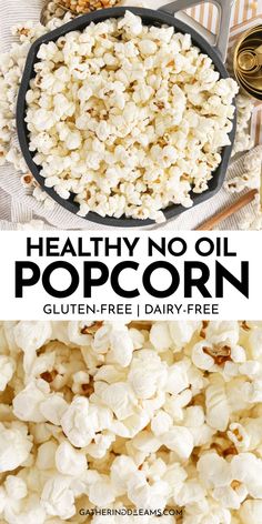 healthy no oil popcorn recipe with text overlay