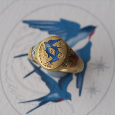 Enamelled Swallows On An Engraved Feather Bespoke Ring Swallows Flying, Gay Jewelry, Cool Rings For Men, An Open Book, Stars In The Sky, Family Rings, Accesories Jewelry, Painted Jewelry, Magical Jewelry