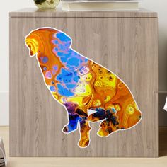 an image of a dog that is painted on the side of a cabinet with paint splatters