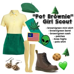 a woman's outfit with green, yellow and brown colors is featured in this ad