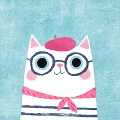 a white cat wearing glasses and a pink hat on top of it's head