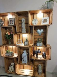 a wooden shelf filled with lots of different items