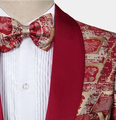 Indulge yourself with class, style, and sophistication when you don this burgundy and gold tuxedo at your next formal event. Whether your attending prom, your sister's wedding, or any formal gathering, this tux will make sure you get the right attention. Burgundy and gold form a mesmerizing pattern that doesn’t fail to impress you from the start – the colors swirl and overlap in a brilliantly picturesque manner. It is almost as if you are looking into a kaleidoscope consisting of gold and burgun Gold Tuxedo, Velvet Bow Tie, Velvet Loafers, Color Swirl, Polyester Pants, Tuxedo Suit, Burgundy And Gold, Sister Wedding, Velvet Bow