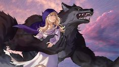 a woman riding on the back of a black wolf in front of a purple sky