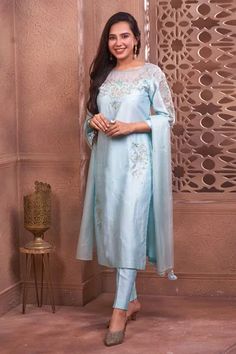 Shop for GEETIKA JAIN Blue Dabka Hand Embroidered Kurta Pant Set for Women Online at Aza Fashions Blue Slub Silk Kurta With Sheer Dupatta, Blue Resham Embroidered Kurta In Tissue Silk, Blue Tissue Silk Kurta With Resham Embroidery, Blue Tissue Silk Kurta With Dupatta, Blue Tissue Silk Kurta For Diwali, Blue Resham Embroidered Tissue Silk Kurta, Unstitched Blue Tissue Silk Kurta, Blue Slub Silk Traditional Wear With Sheer Dupatta, Blue Traditional Wear With Sheer Dupatta In Slub Silk