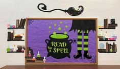 there is a painting on the wall and shelves in front of it that says read by a spell